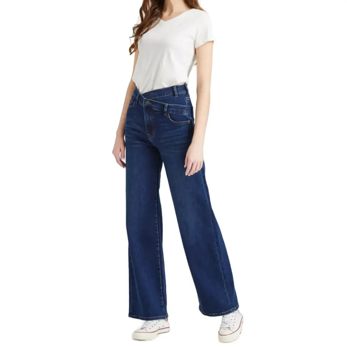 High-Waisted Crossover Straight Leg Jeans | Stretch & Cuffed Denim