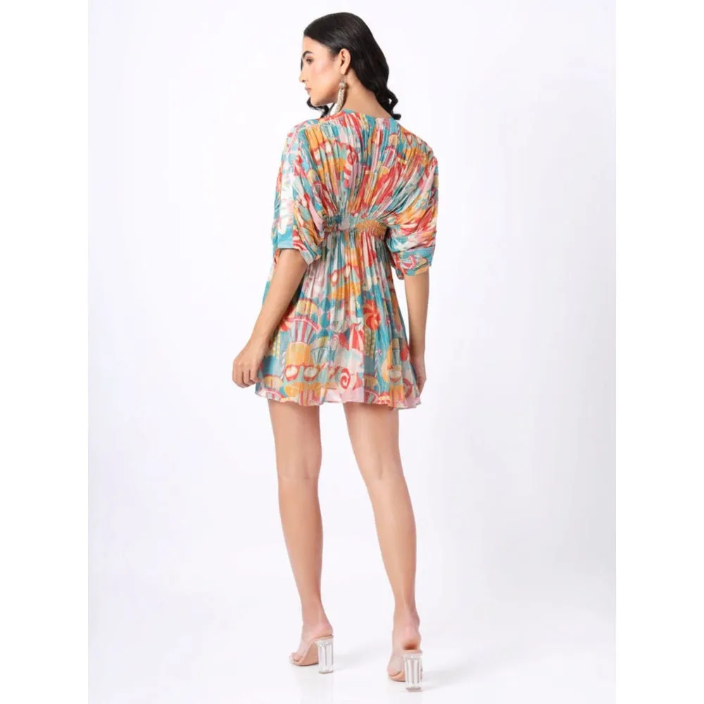 House of Soi Blue Printed Shimmer Short Dress