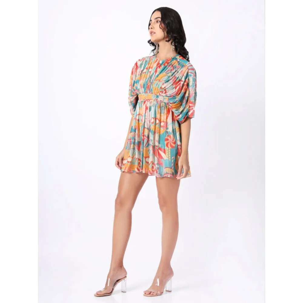 House of Soi Blue Printed Shimmer Short Dress