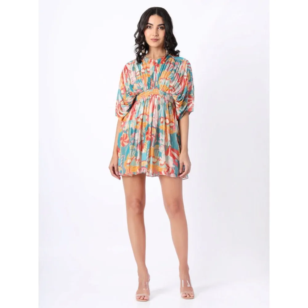House of Soi Blue Printed Shimmer Short Dress