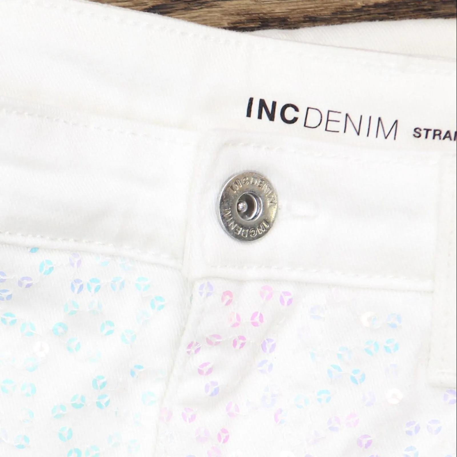 INC International Concepts Womens Sequin Front Straight Leg Denim Jeans White 4