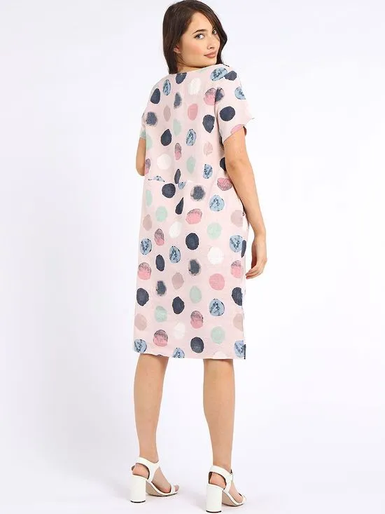 Italian Classic Shift Polka Dot Dusky Pink Linen Dress Sz 10-16