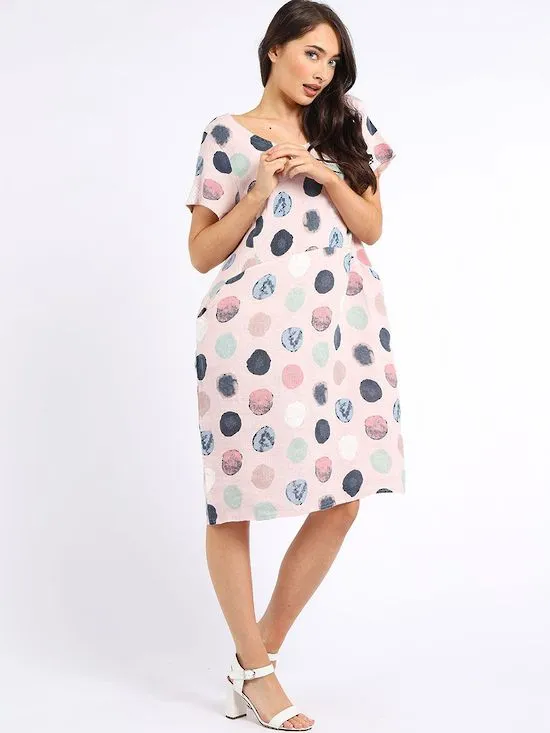 Italian Classic Shift Polka Dot Dusky Pink Linen Dress Sz 10-16