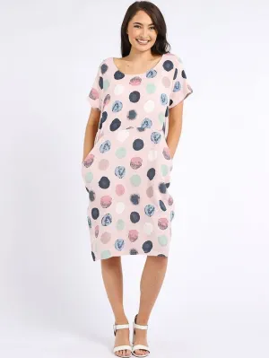 Italian Classic Shift Polka Dot Dusky Pink Linen Dress Sz 10-16