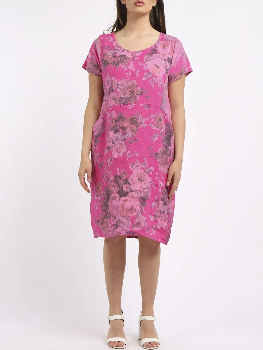 Italian Classic Shift Soft Floral Fuschia Linen Dress Sz 10-16