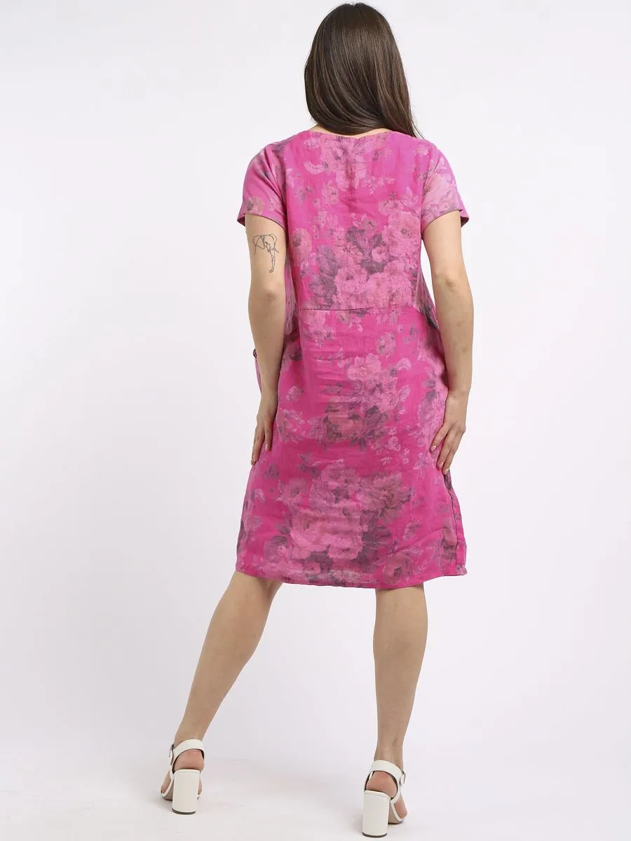 Italian Classic Shift Soft Floral Fuschia Linen Dress Sz 10-16