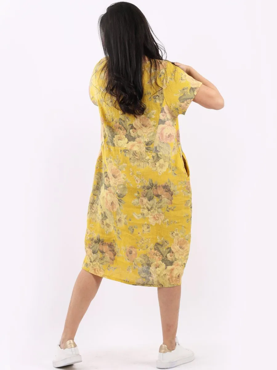 Italian Classic Shift Soft Floral Mustard Linen Dress Sz 10-16