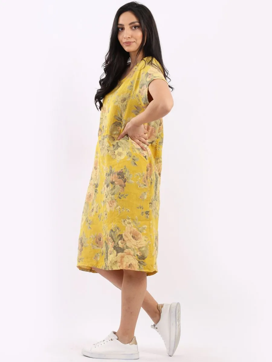 Italian Classic Shift Soft Floral Mustard Linen Dress Sz 10-16