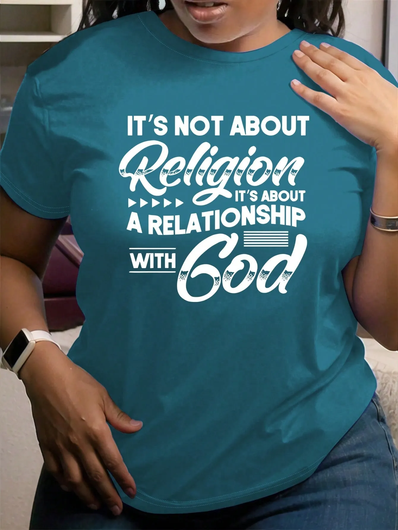 'It's Not About Religion' Print Casual Short Sleeve T-Shirt - Plus Size