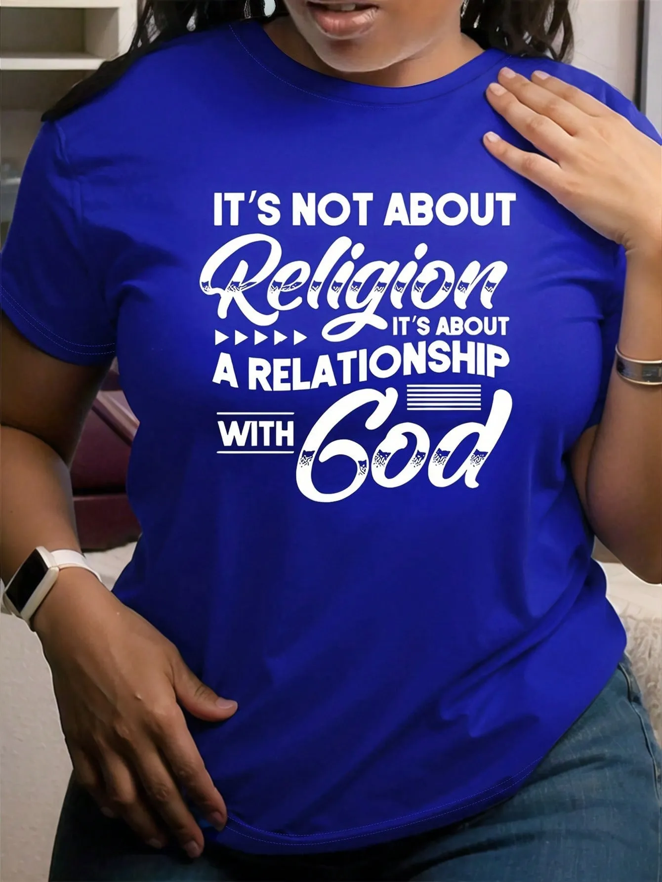 'It's Not About Religion' Print Casual Short Sleeve T-Shirt - Plus Size