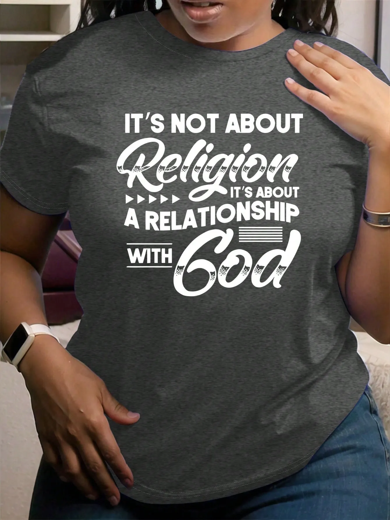 'It's Not About Religion' Print Casual Short Sleeve T-Shirt - Plus Size