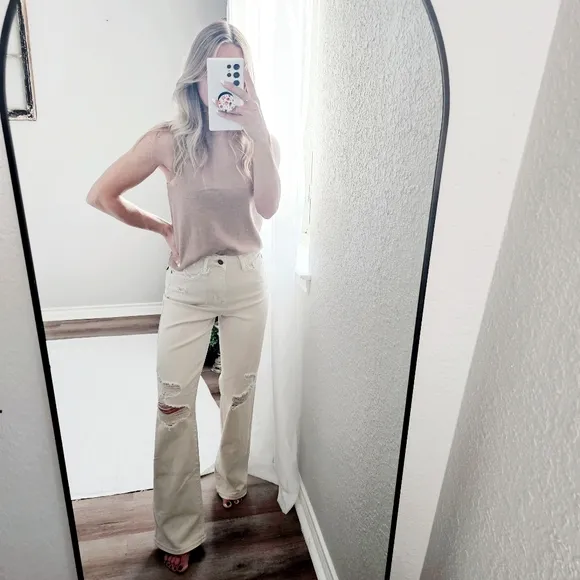 Judy Blue High Rise Garment Dyed 90's Straight Fit Jeans Cream Sand Various NEW