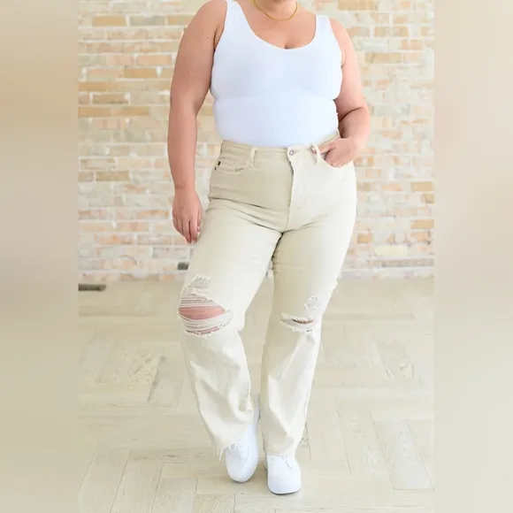 Judy Blue High Rise Garment Dyed 90's Straight Fit Jeans Cream Sand Various NEW