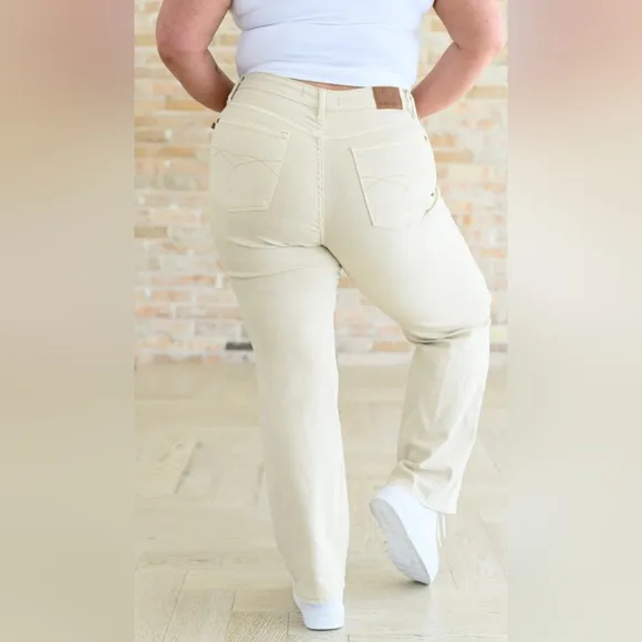 Judy Blue High Rise Garment Dyed 90's Straight Fit Jeans Cream Sand Various NEW