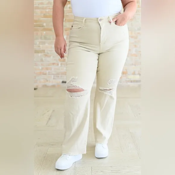 Judy Blue High Rise Garment Dyed 90's Straight Fit Jeans Cream Sand Various NEW