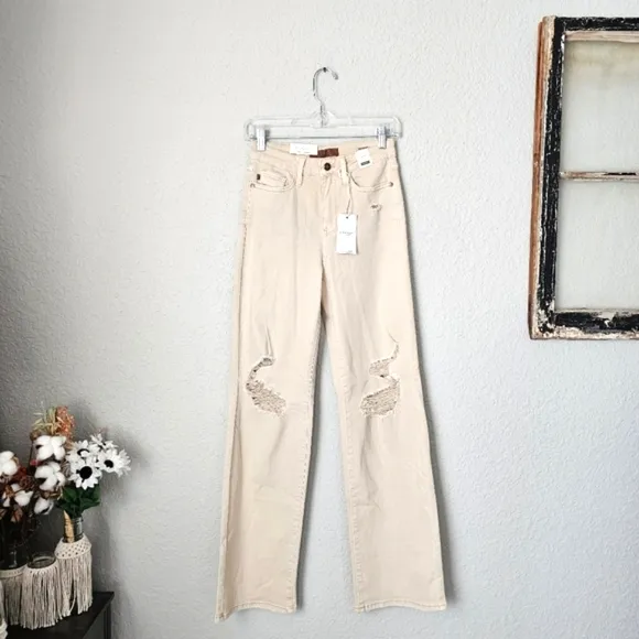 Judy Blue High Rise Garment Dyed 90's Straight Fit Jeans Cream Sand Various NEW