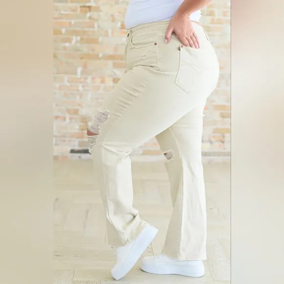 Judy Blue High Rise Garment Dyed 90's Straight Fit Jeans Cream Sand Various NEW