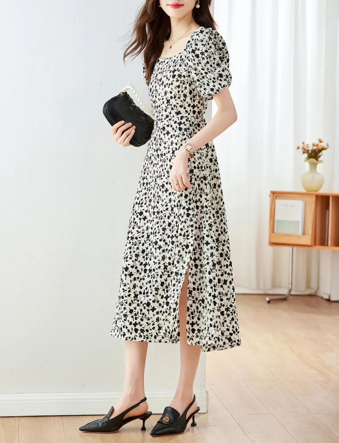 Knee-Length French Style Mid Floral Dress