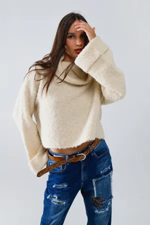 knitted fluffy high neck sweater in beige