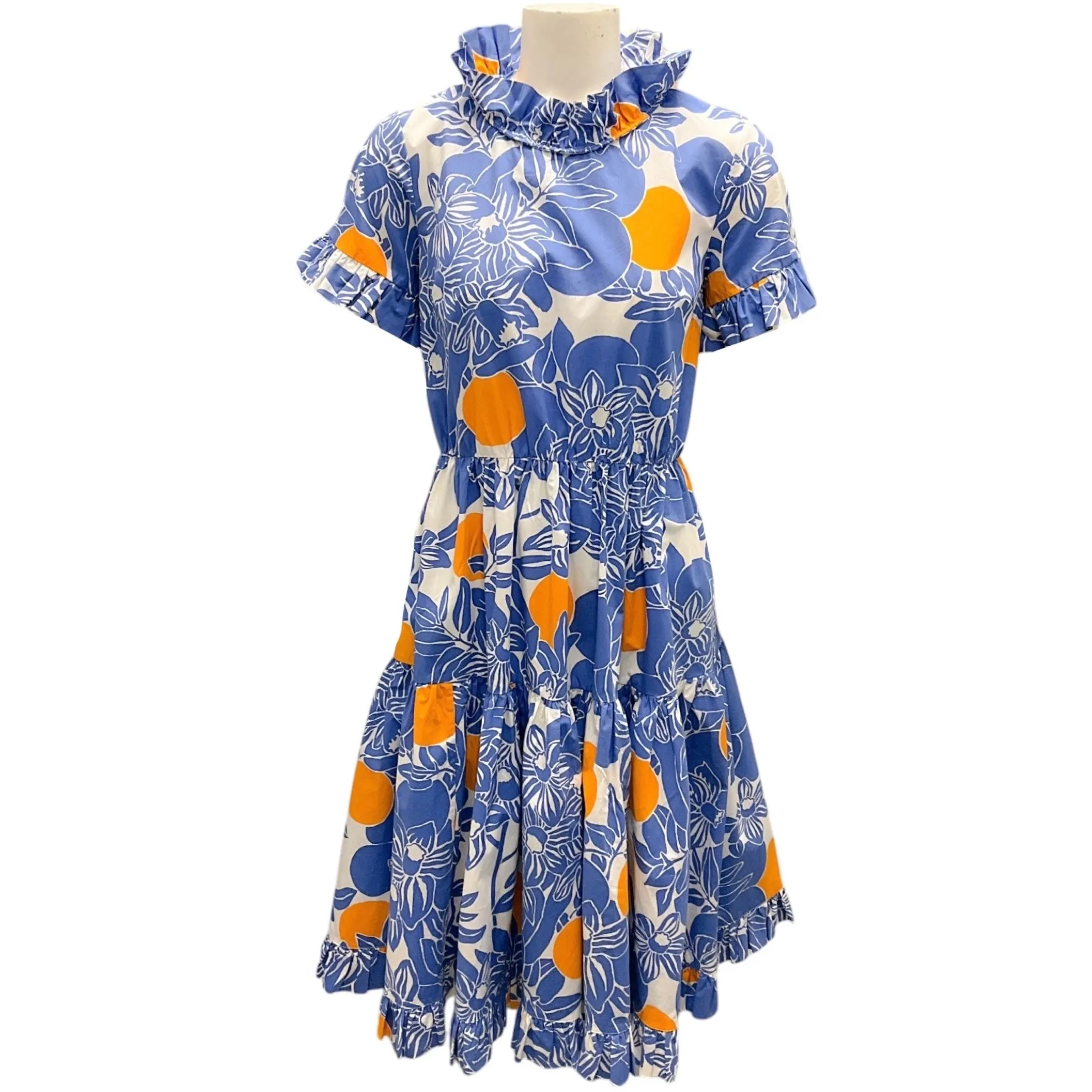 La DoubleJ Editions Blue / White / Orange Multi Printed Belted Short Sleeved Dress
