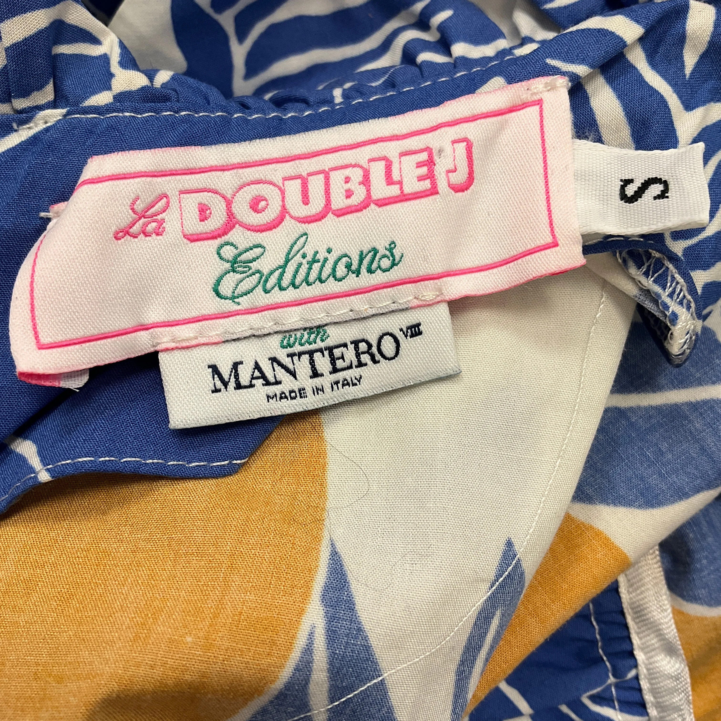 La DoubleJ Editions Blue / White / Orange Multi Printed Belted Short Sleeved Dress