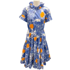 La DoubleJ Editions Blue / White / Orange Multi Printed Belted Short Sleeved Dress