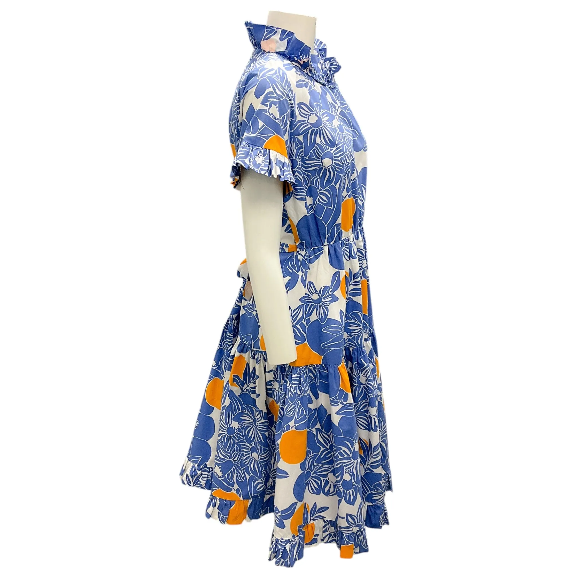 La DoubleJ Editions Blue / White / Orange Multi Printed Belted Short Sleeved Dress