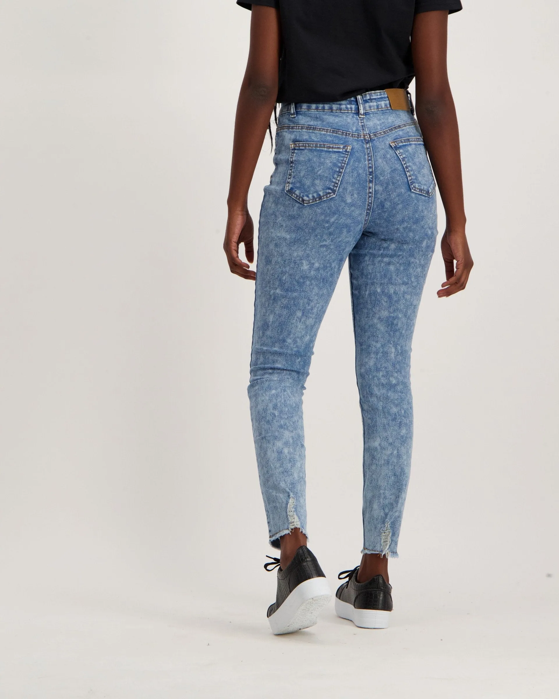 Ladies Acid Wash Frayed Hem Skinny Denim Jean
