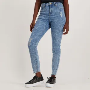 Ladies Acid Wash Frayed Hem Skinny Denim Jean