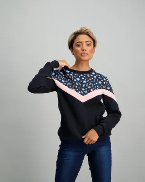 Ladies Long Sleeve Trim Print Top - Black/Light Pink