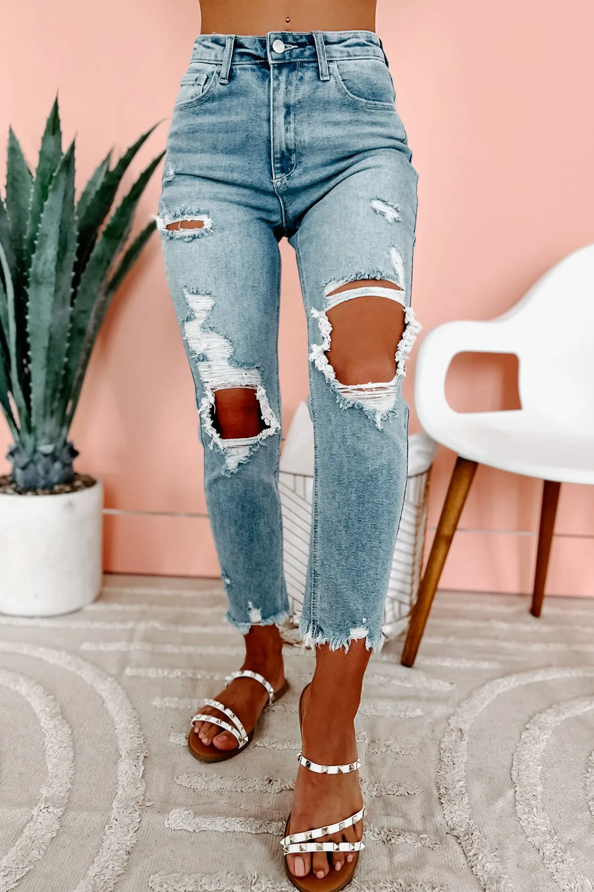 Laredo High Rise Distressed Cello Straight Leg Jeans (Light Denim)