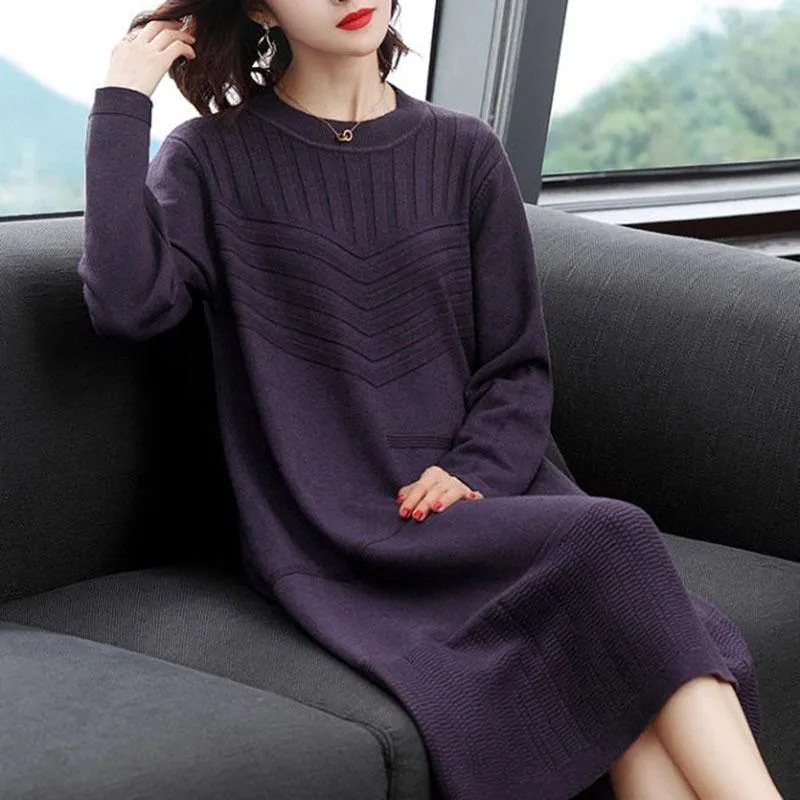 Large Size Knitted Dress In The Long Section Was Thin Temperament Base Dress Pure Color Simple Middle-aged Women Sweater Dress