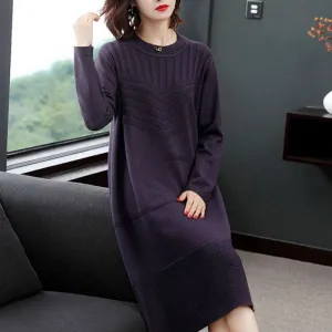 Large Size Knitted Dress In The Long Section Was Thin Temperament Base Dress Pure Color Simple Middle-aged Women Sweater Dress