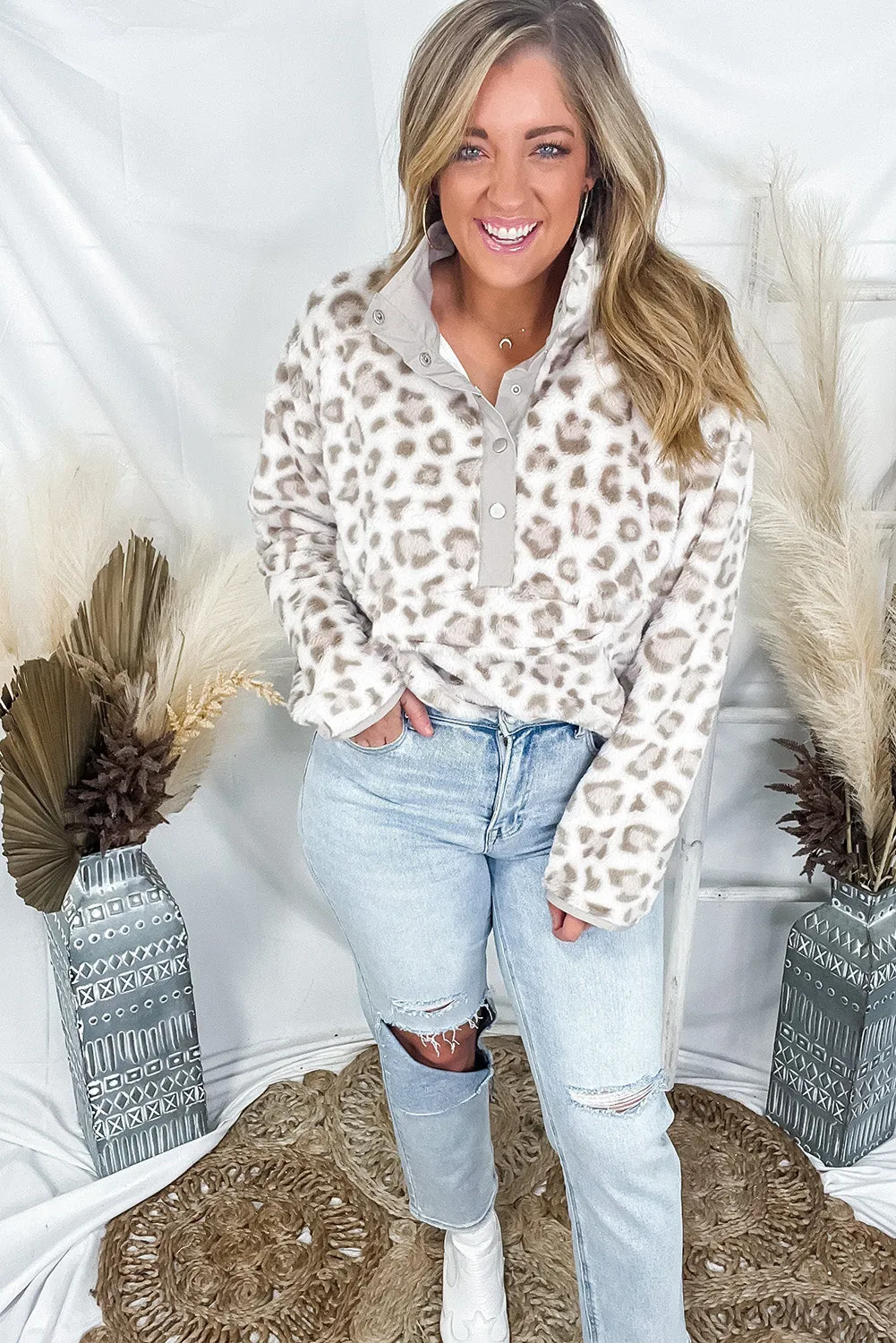 Leopard Animal Print Fur Snap up Pullover Sweatshirt