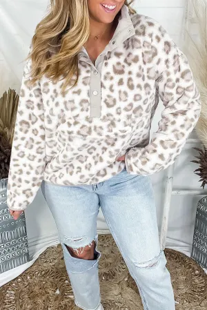 Leopard Animal Print Fur Snap up Pullover Sweatshirt
