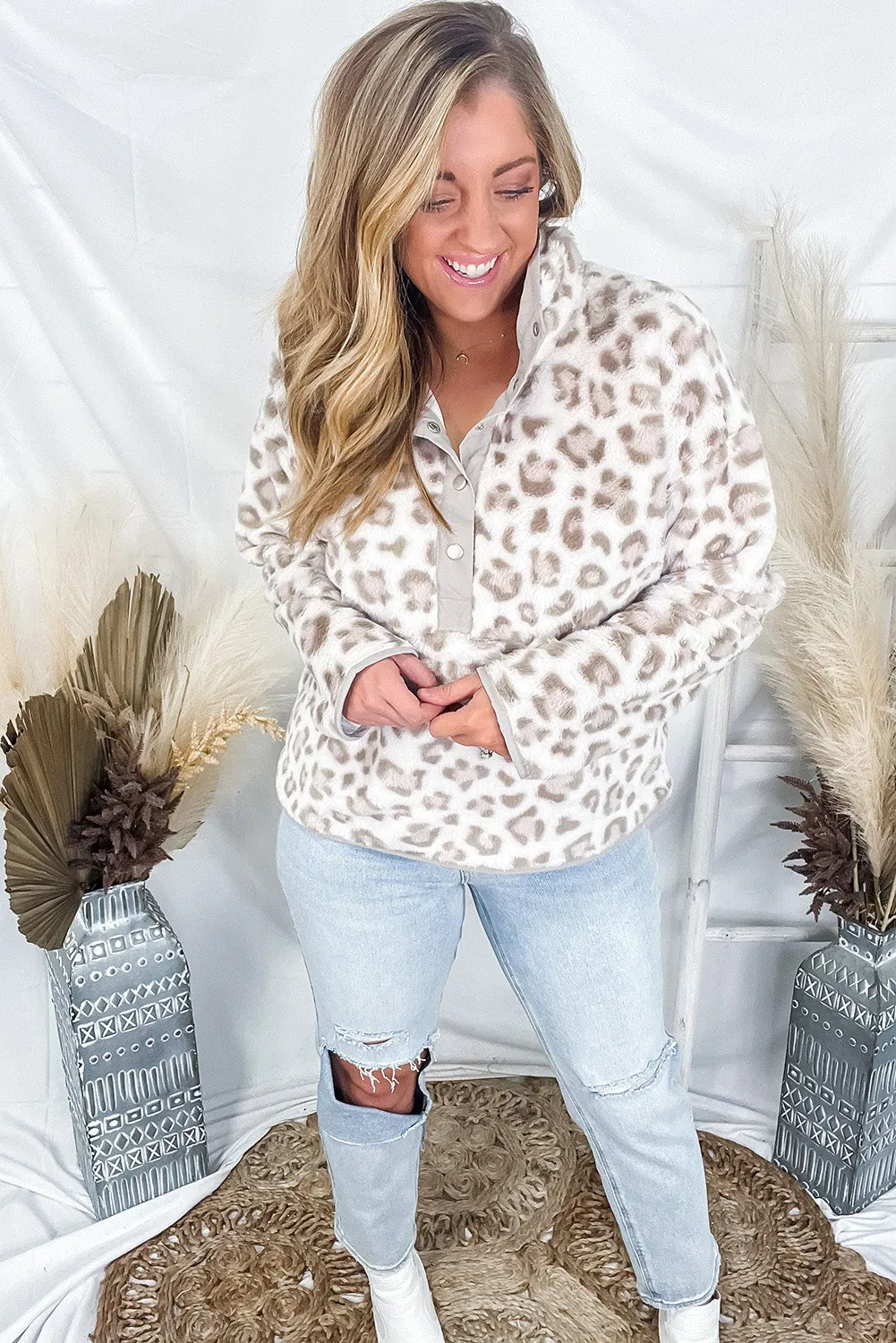 Leopard Animal Print Fur Snap up Pullover Sweatshirt