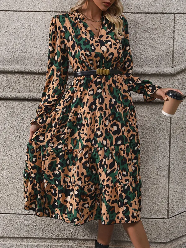 Leopard Print V-Neck Mid-Length Dress with Flowy Silhouette