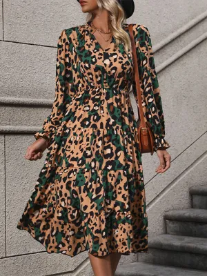 Leopard Print V-Neck Mid-Length Dress with Flowy Silhouette