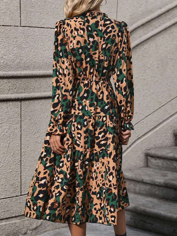 Leopard Print V-Neck Mid-Length Dress with Flowy Silhouette