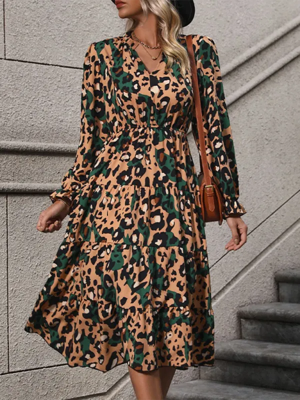 Leopard Print V-Neck Mid-Length Dress with Flowy Silhouette