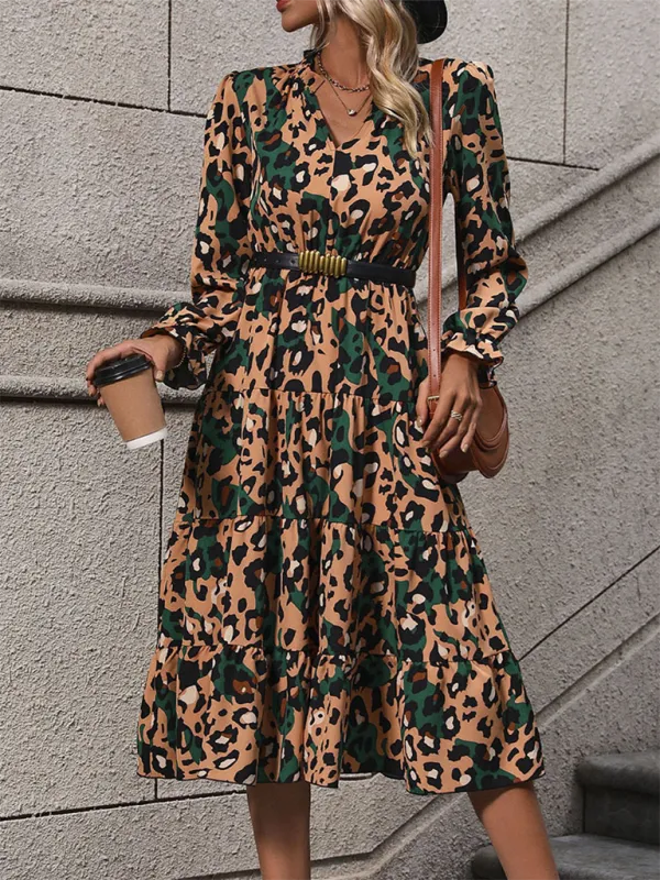 Leopard Print V-Neck Mid-Length Dress with Flowy Silhouette