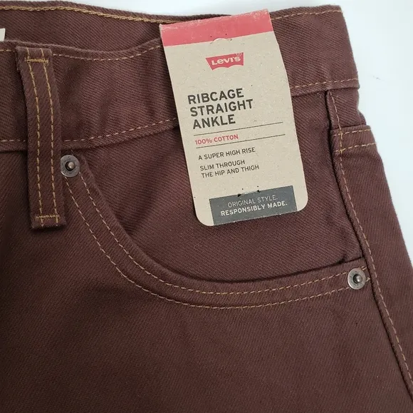 Levi's Womens Ribcage Straight Ankle Chocolate Brown Jeans 31 x 27 High Rise