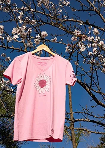 Life is Good Womens Crusher Flower Graphic V-Neck T-Shirt, Happy Pink, XX-Large