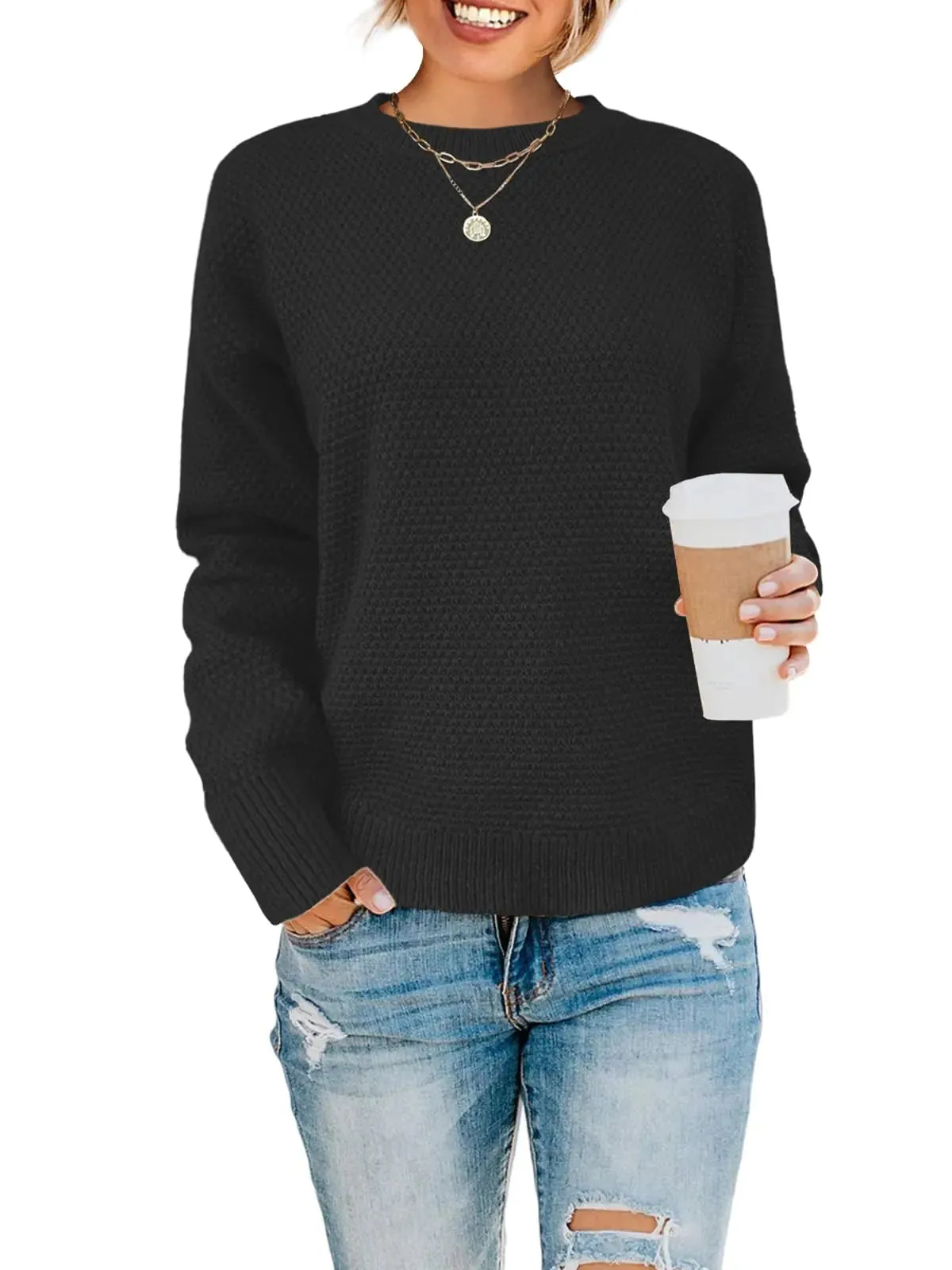 Lylinan Womens Sweatshirt Black Sweaters Dressy Casual Long Sleeve Shirts for Women Black S
