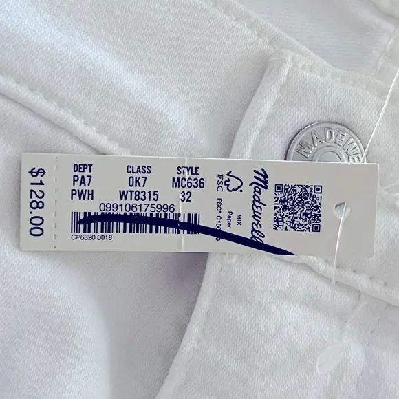 Madewell Stovepipe Jeans NWT Size 32 White Denim High Rise Straight Leg