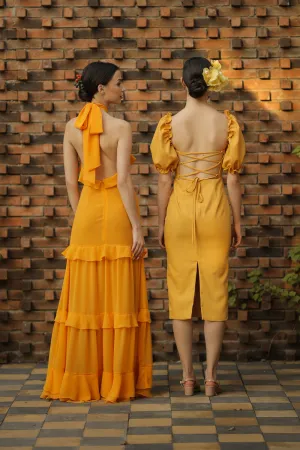 MARICRUZ Puff Sleeve Cross Tie Back Midi Dress (Yellow Chambray)