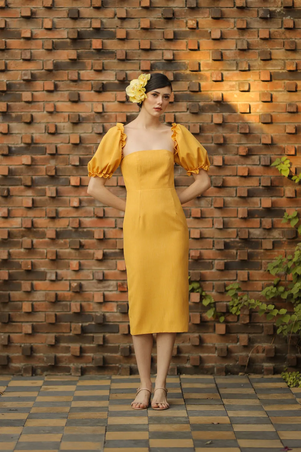 MARICRUZ Puff Sleeve Cross Tie Back Midi Dress (Yellow Chambray)