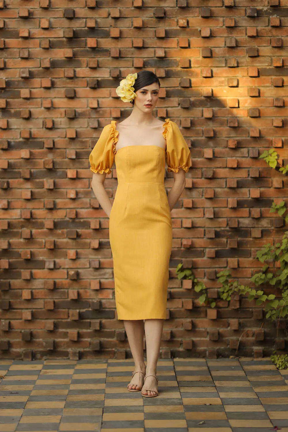 MARICRUZ Puff Sleeve Cross Tie Back Midi Dress (Yellow Chambray)