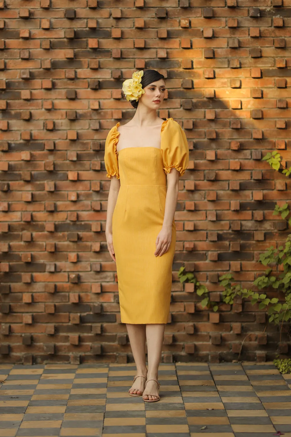 MARICRUZ Puff Sleeve Cross Tie Back Midi Dress (Yellow Chambray)