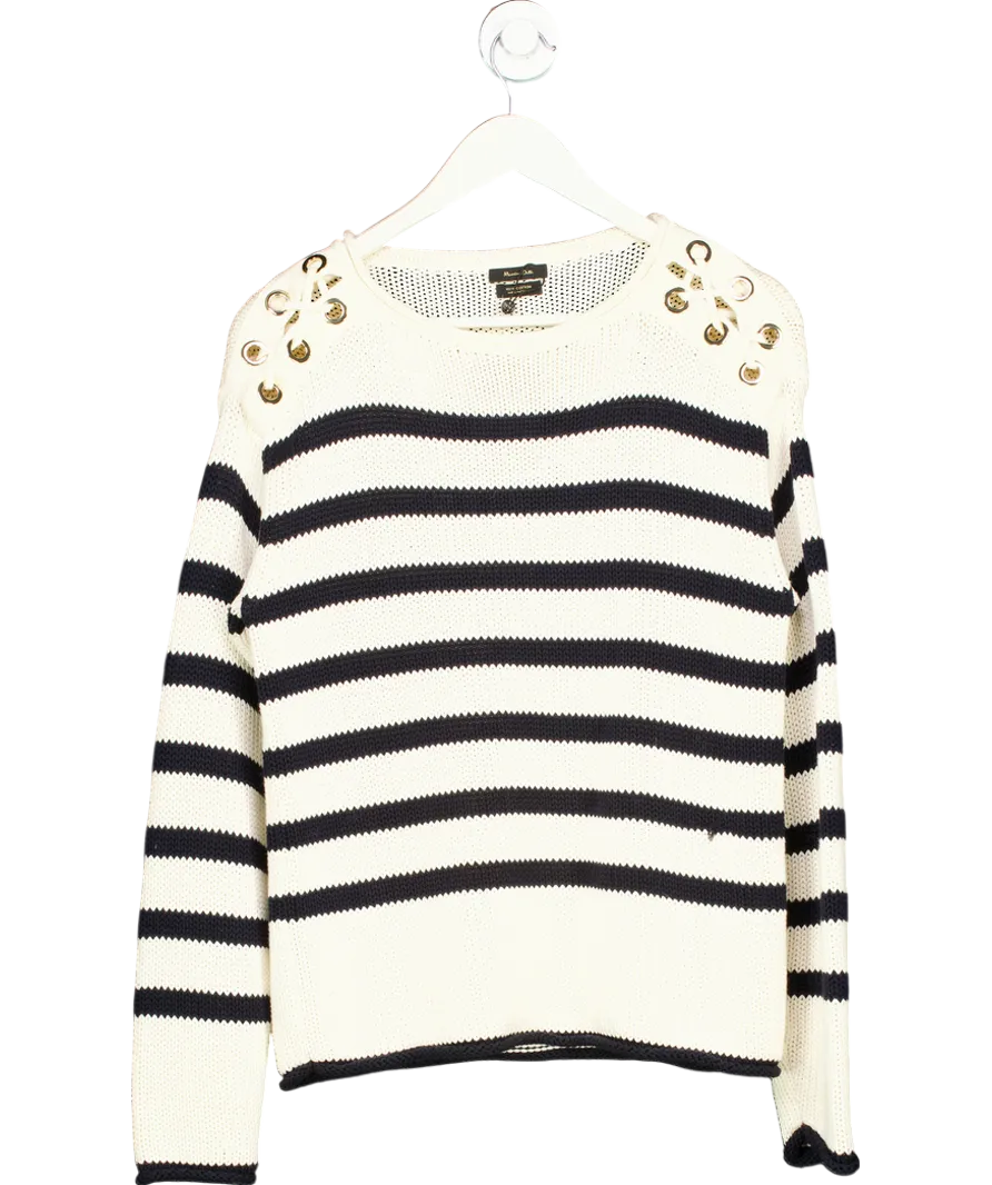 Massimo Dutti Cream Striped Knit Sweater With Interwoven Shoulders UK XS